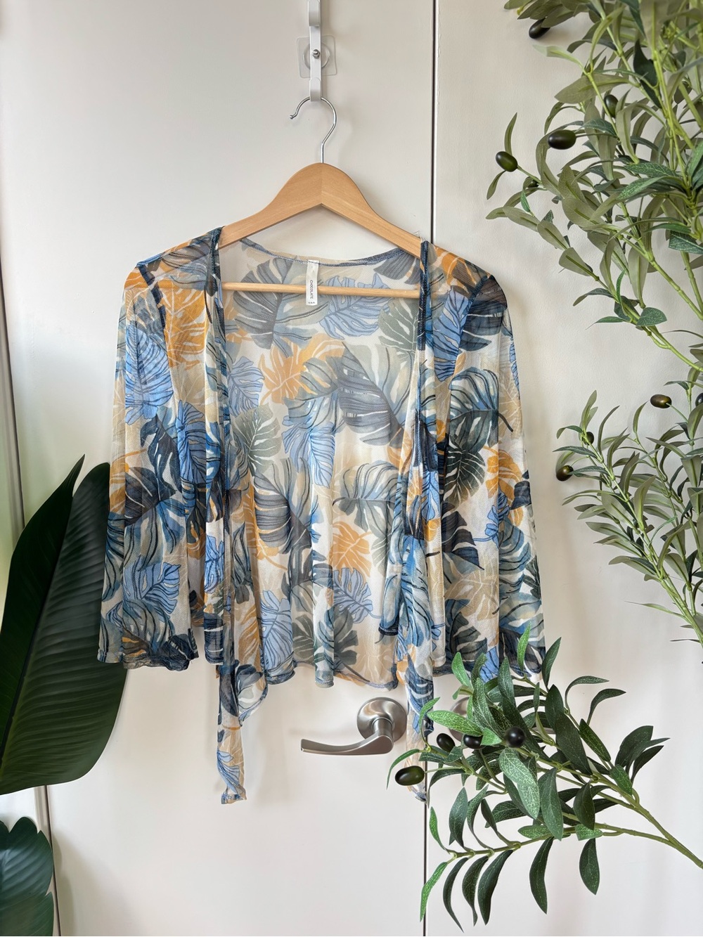 Chocolate Sheer Leaf-Print Blouse in Blue, Yellow & Green - Picture 1 of 5